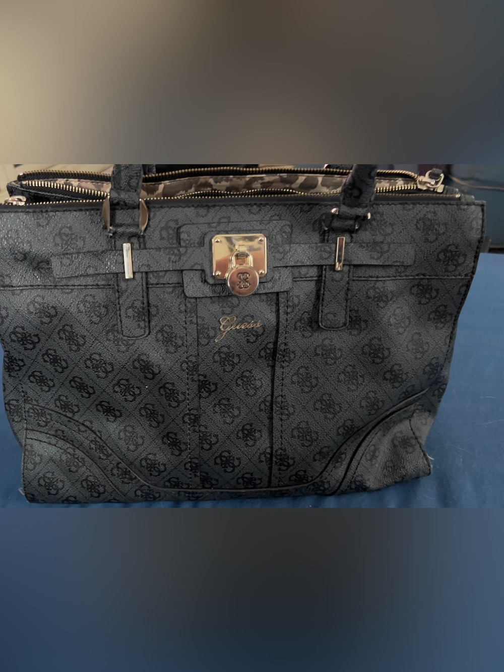 Guess Black Logo-Print Tote with Gold Accent
